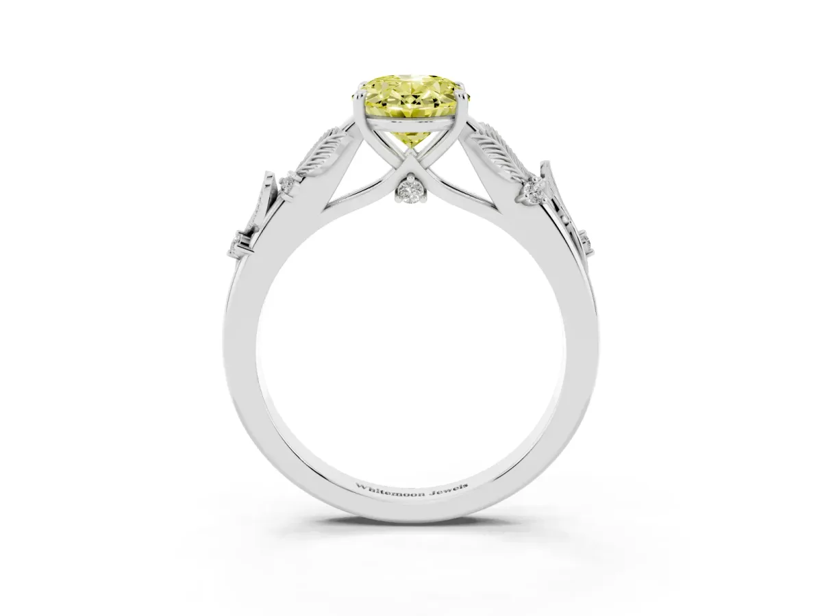 Fancy Yellow Oval Cut Diamond Solitaire Ring with Leaf Motif Band and Four-Prong Setting Silver