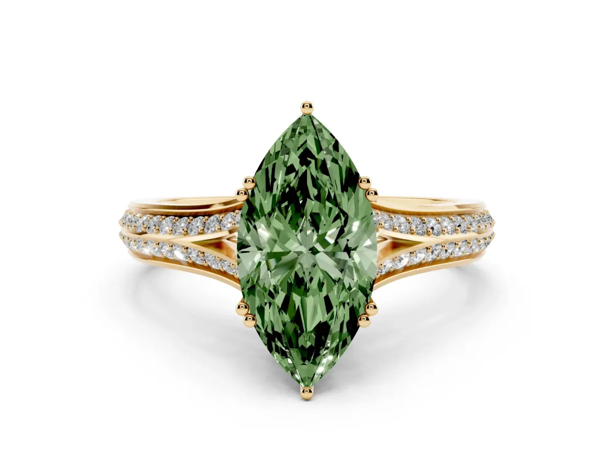 Fancy Green Marquise Cut Diamond Split Shank Engagement Ring with Pavé Band Yellow gold