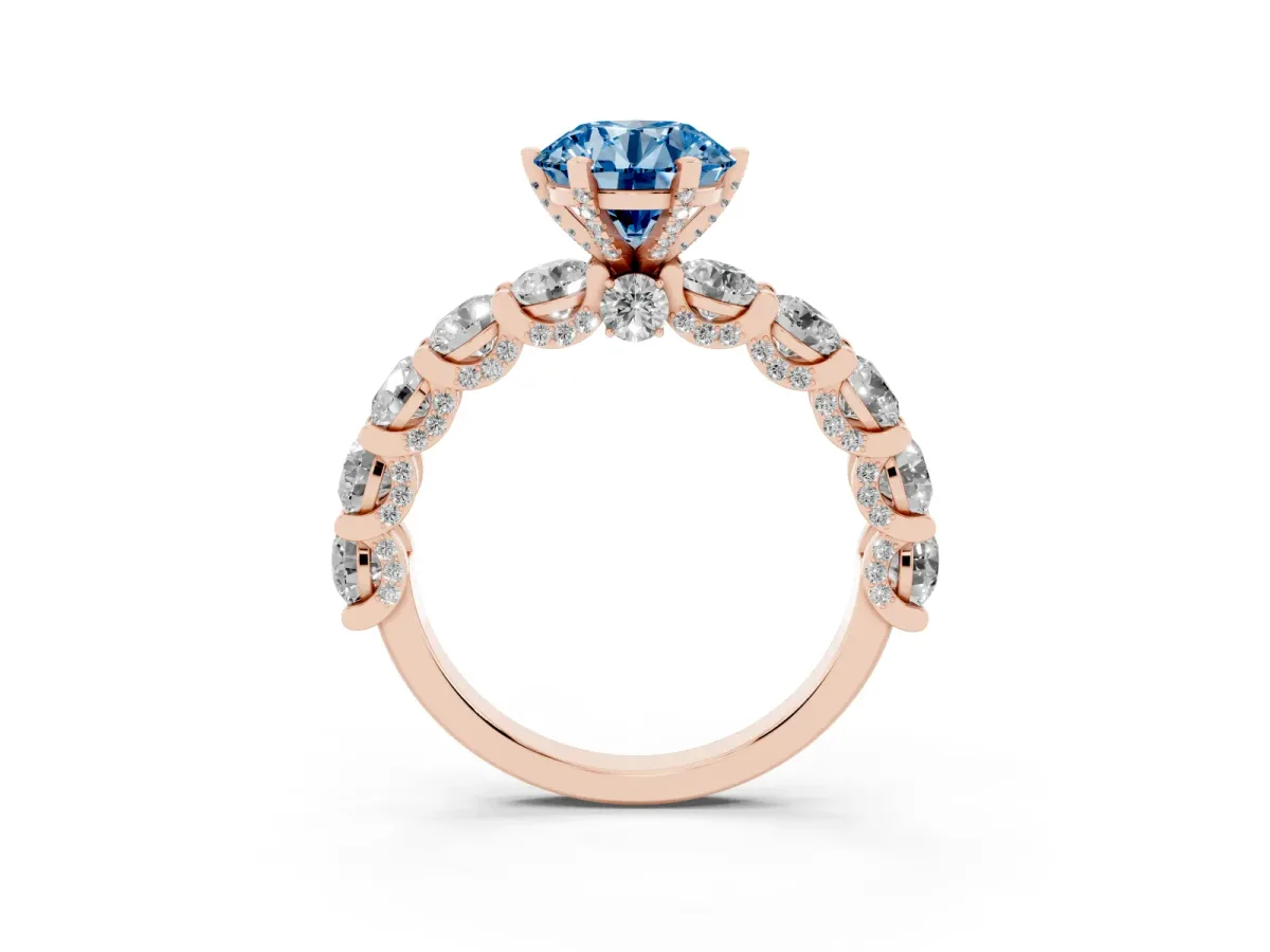 Fancy Blue Round Cut Diamond Side Stone Engagement Ring with Four-Prong Setting Rose gold