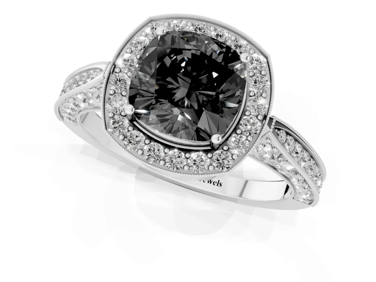 Fancy Black Cushion Cut Halo Diamond Engagement Ring with Split Shank Band and Four-Prong Setting Silver