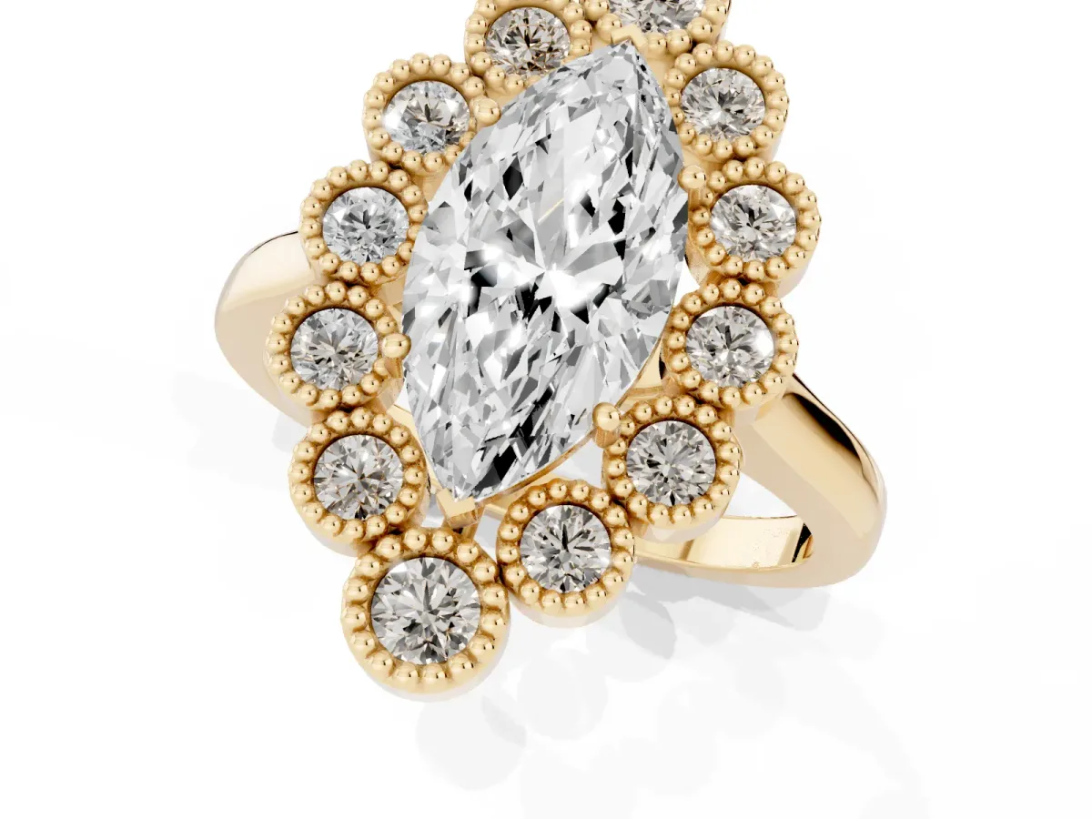 Marquise Cut Halo Diamond Cluster Engagement Ring with Milgrain Bezel Setting and Solitaire Band Yellow gold