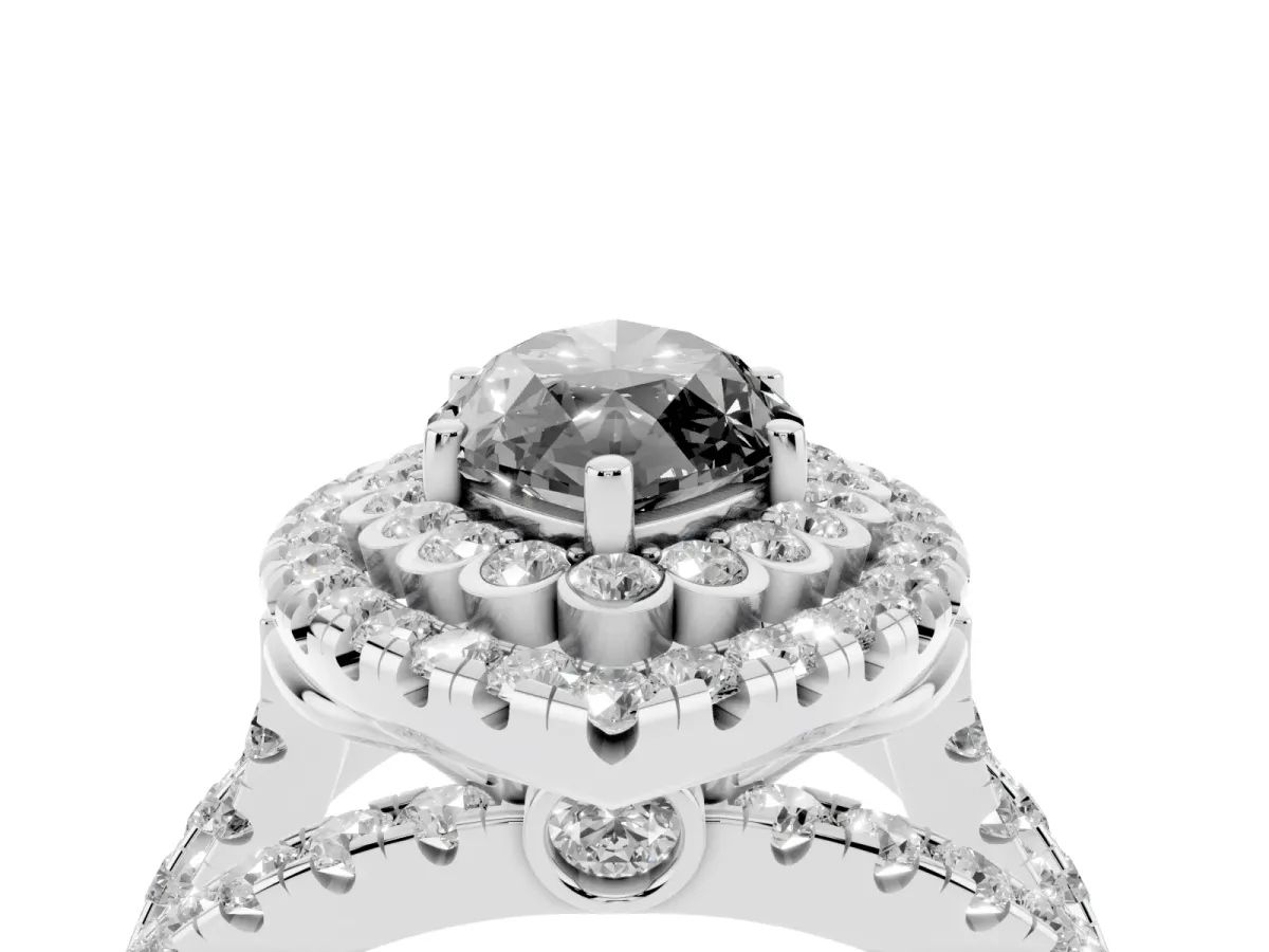 Fancy Black Marquise Cut Diamond Double Halo Ring with Round Pavé Split Shank and Prong Setting Silver