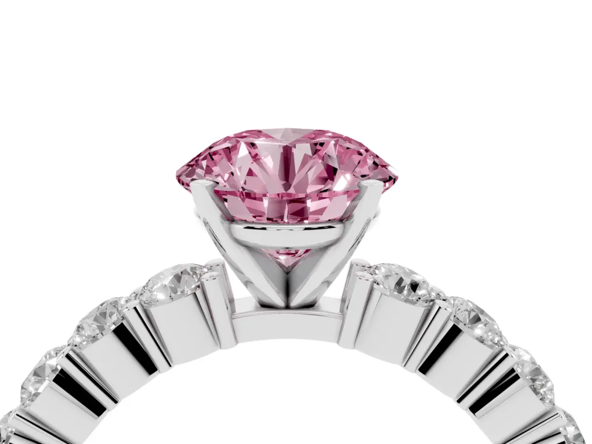 Fancy Pink Round Cut Diamond Solitaire Ring with Shared Prong Round Side Stones Platinum