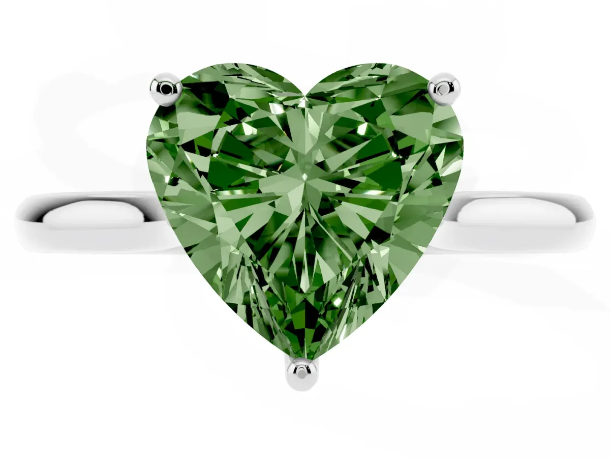Fancy Green Heart Cut Cut Solitaire Ring with Cathedral Band and Four-Prong Setting Silver