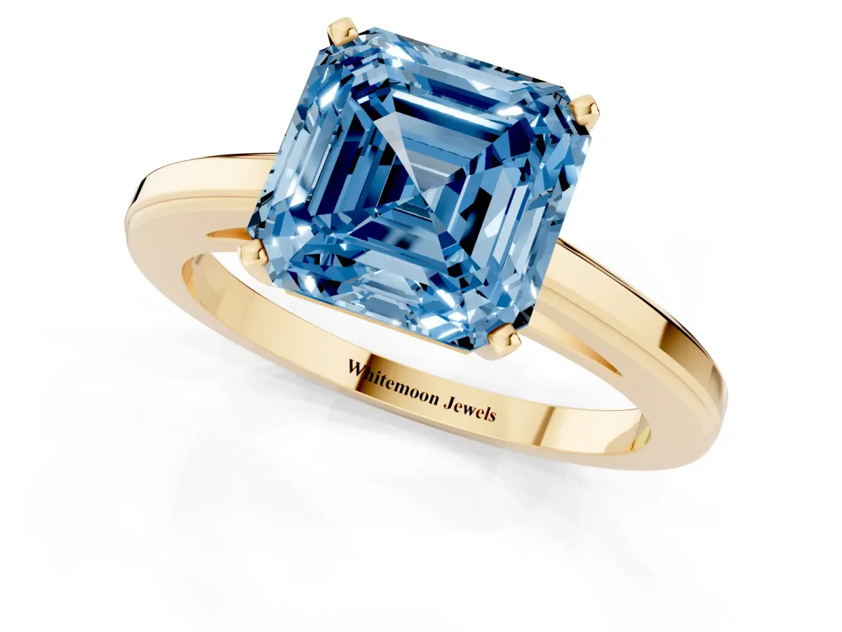 Fancy Blue Asscher Cut Solitaire Diamond Ring with Four-Prong Setting and Classic Band Yellow gold
