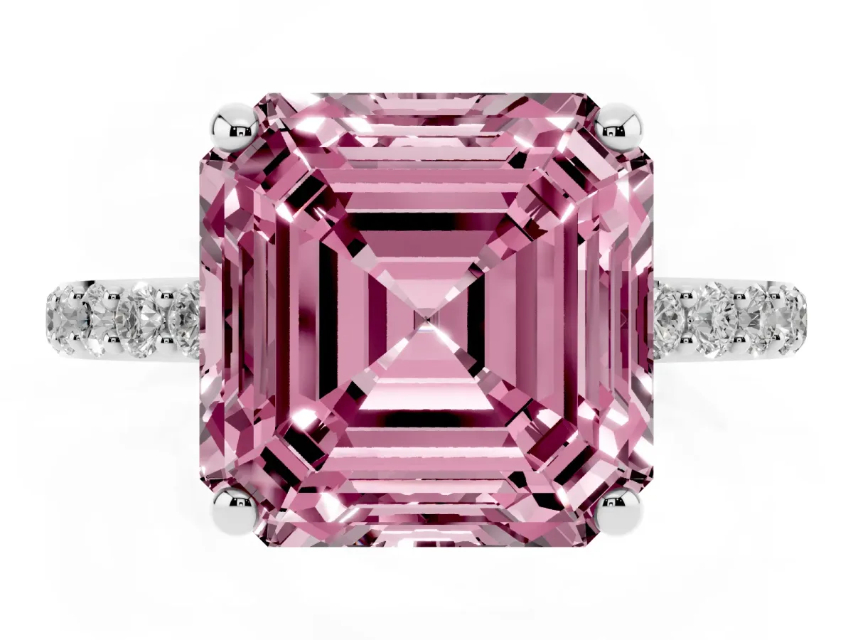 Fancy Pink Asscher Cut Diamond Solitaire Ring with Round Pavé Band and Prong Setting Silver