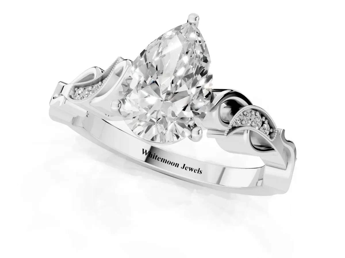 Pear Cut Solitaire Vine Band with Milgrain Prong Setting Silver