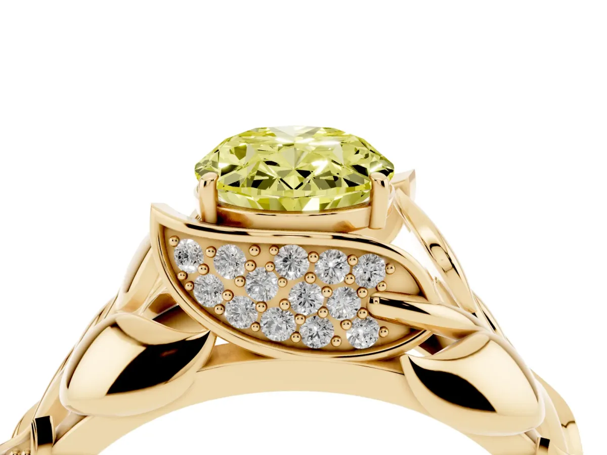 Fancy Yellow Oval Cut Diamond Leaf-Inspired Engagement Ring with Round Accents and Prong Setting Yellow gold
