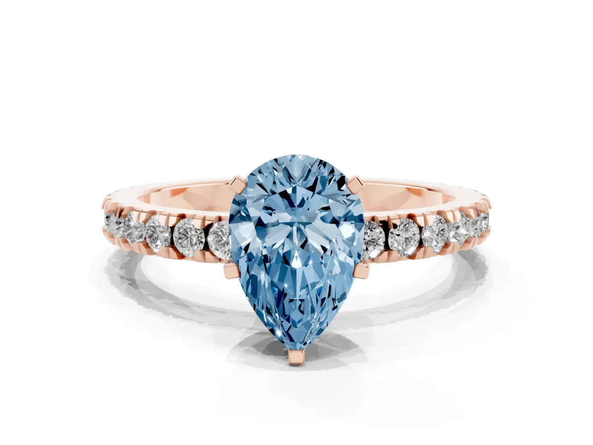 Fancy Blue Pear Cut Diamond Pavé Band Solitaire with Four-Prong Setting Rose gold