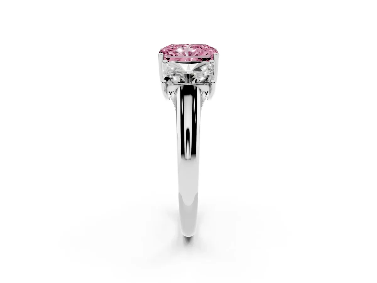 Fancy Pink Three-Stone Radiant Cut Diamond Engagement Ring with Prong Setting Silver