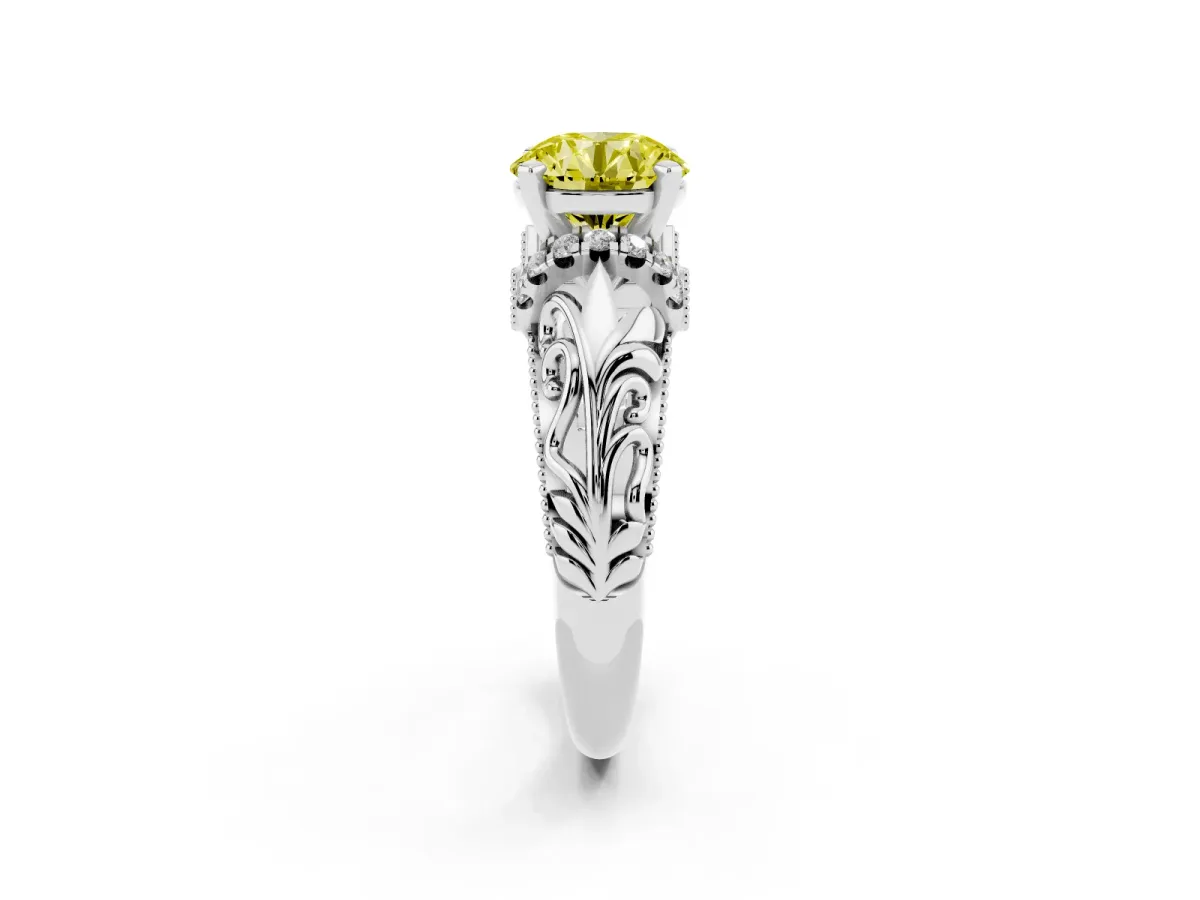 Fancy Yellow Round Cut Solitaire Filigree Engagement Ring with Halo and Prong Setting White gold