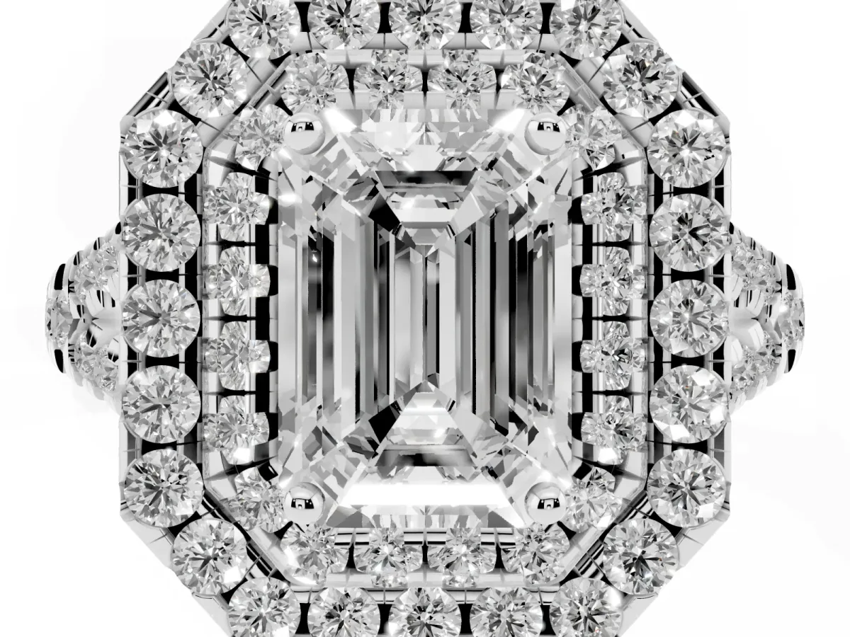 Double Halo Emerald Cut Diamond Pavé Split Shank Ring with Prong Setting White gold