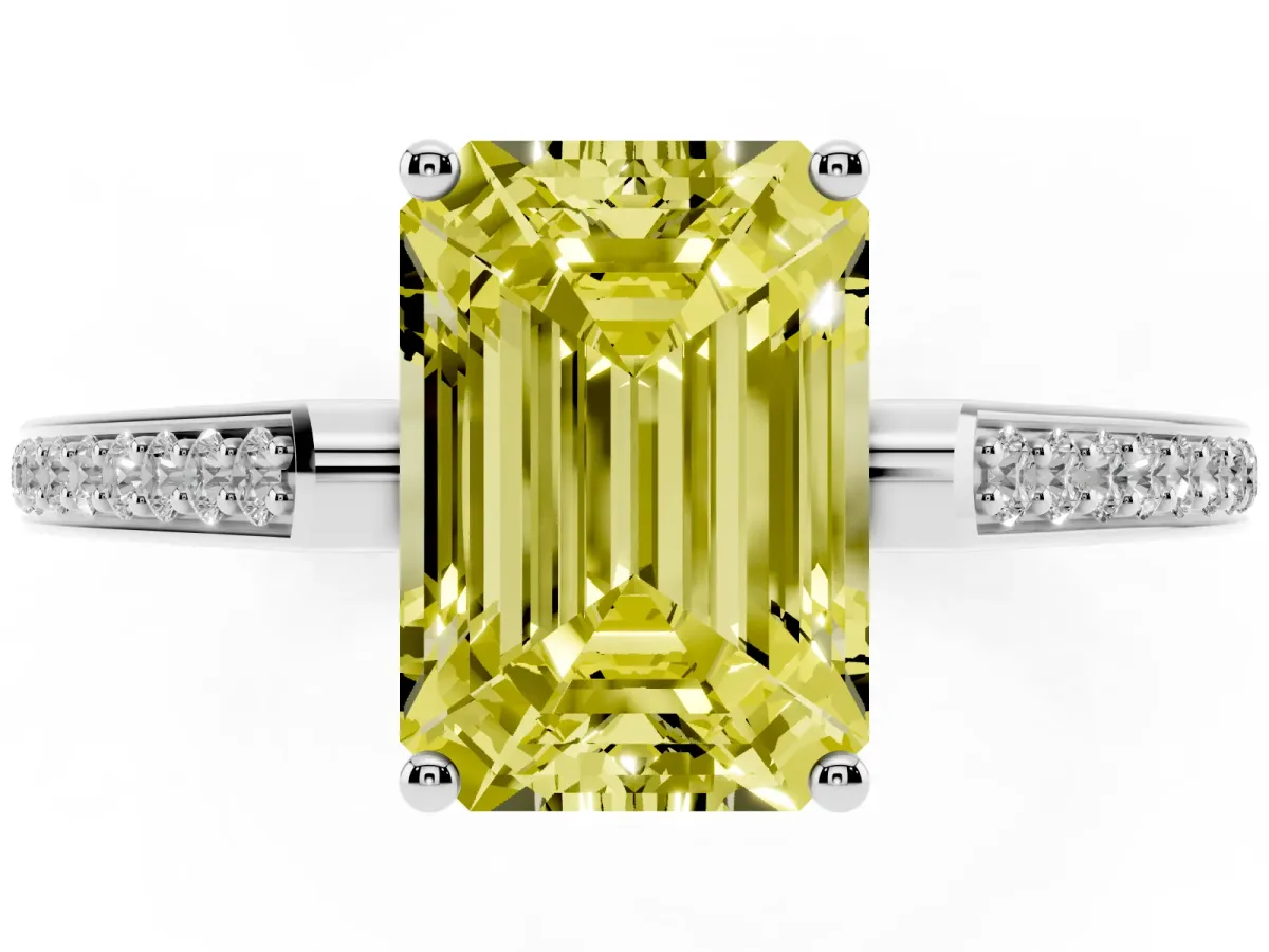 Fancy Yellow Emerald Cut Cut Cathedral Pave Diamond Engagement Ring with Six-Prong Setting Platinum