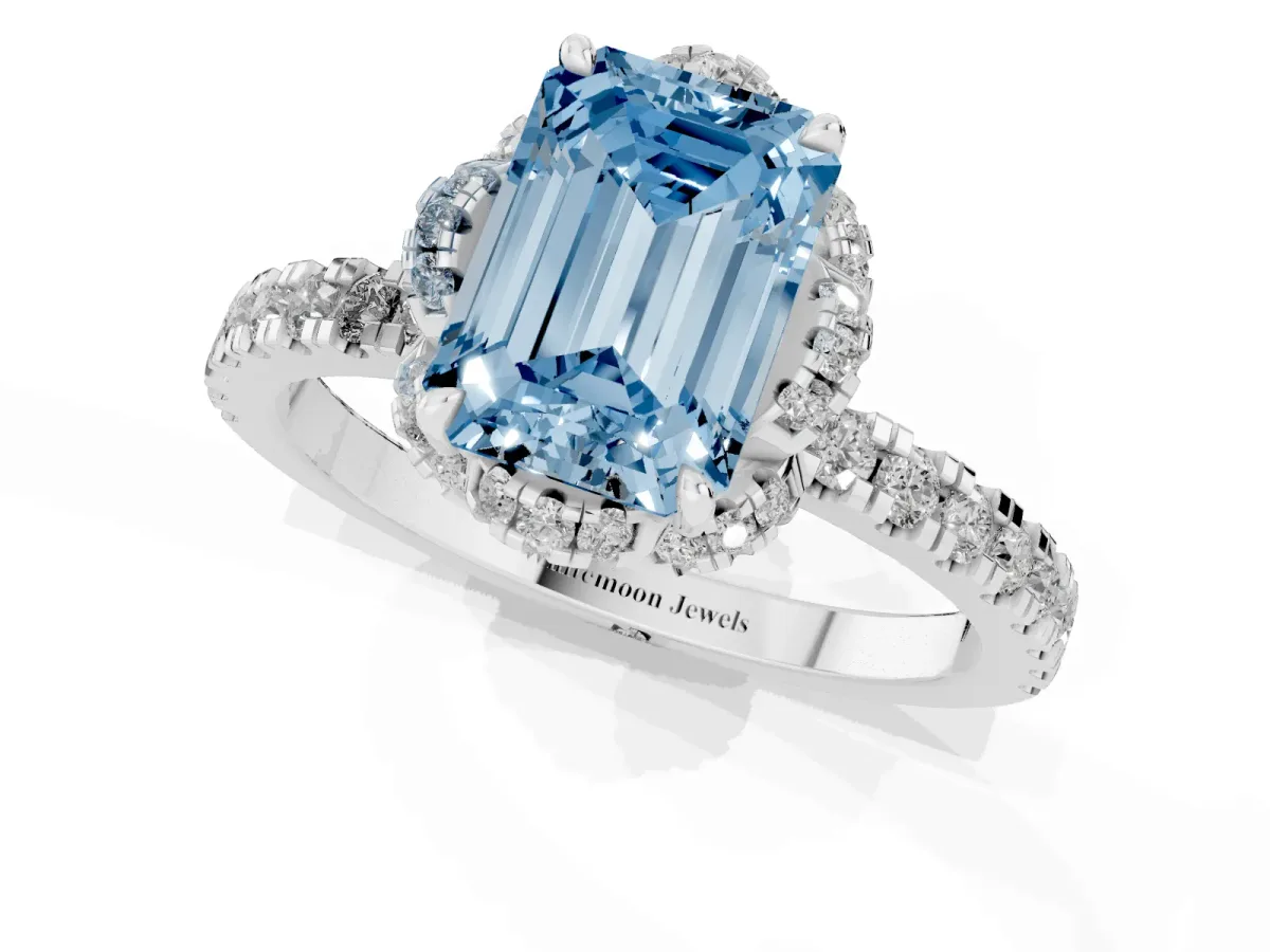 Fancy Blue Emerald Cut Halo Diamond Pave Band Ring with Four-Prong Setting Silver