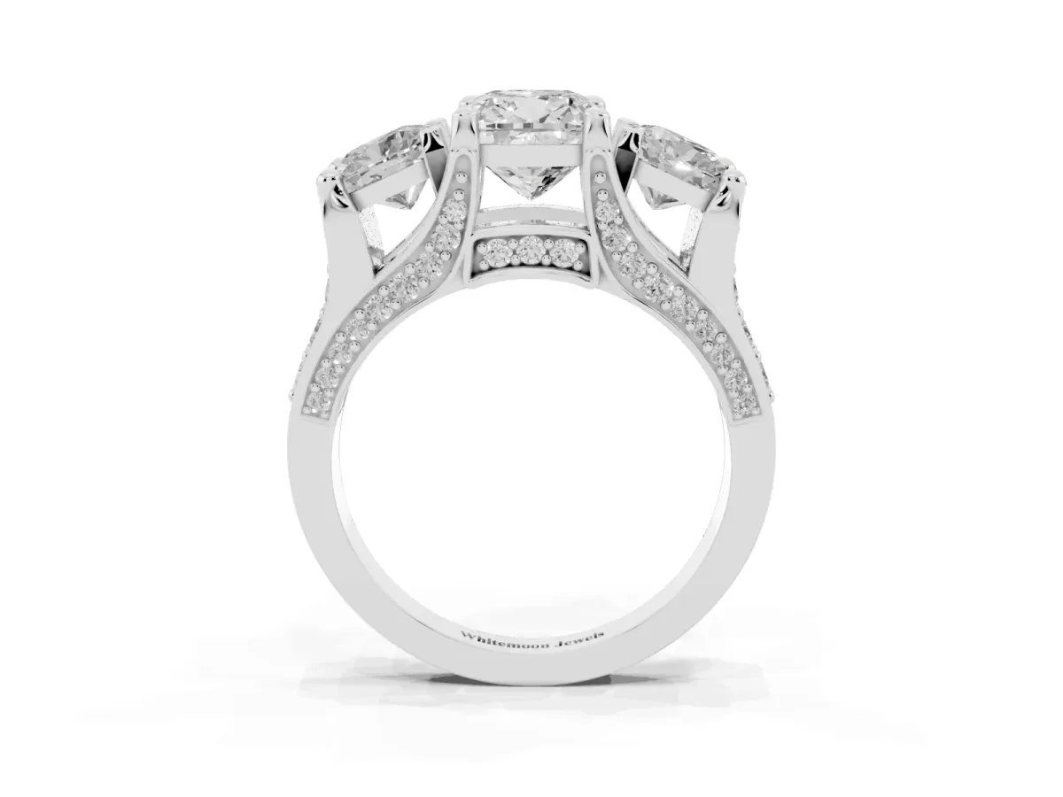 Cushion Cut Diamond Three-Stone Ring with Channel Set Band and Four-Prong Setting Silver