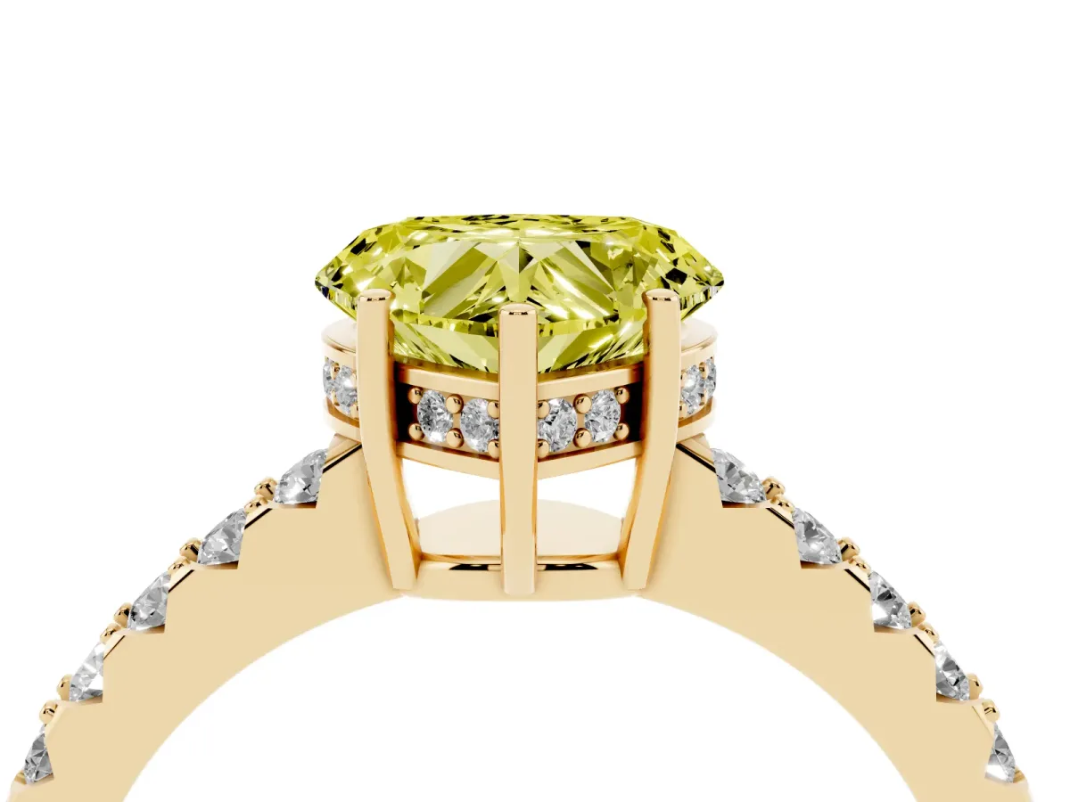 Fancy Yellow Heart Cut Solitaire Diamond Engagement Ring with Pavé Band and Six-Prong Setting Yellow gold