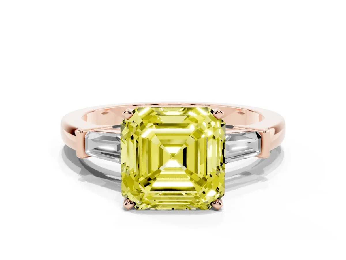 Fancy Yellow Asscher Cut Cut Diamond Solitaire Ring with Tapered Baguette Accents and Four-Prong Setting Rose gold