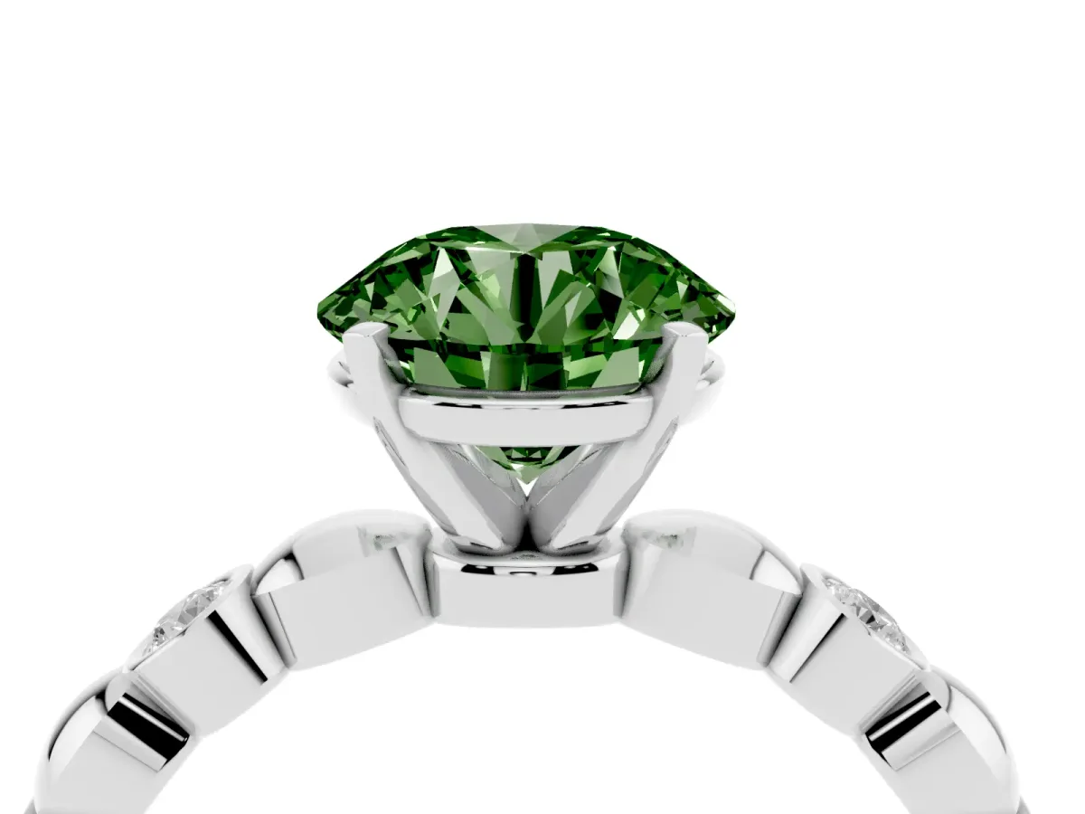 Fancy Green Round Cut Solitaire Bezel-Set Diamond Ring with Beaded Band and Four-Prong Setting Silver