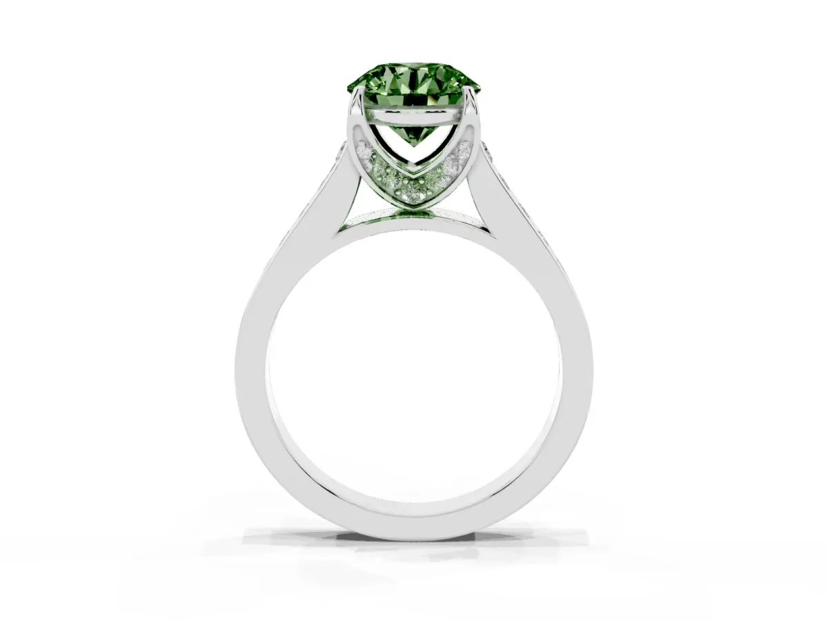Fancy Green Round Cut Brilliant Cut Diamond Engagement Ring with Pavé Band and Four-Prong Setting Platinum