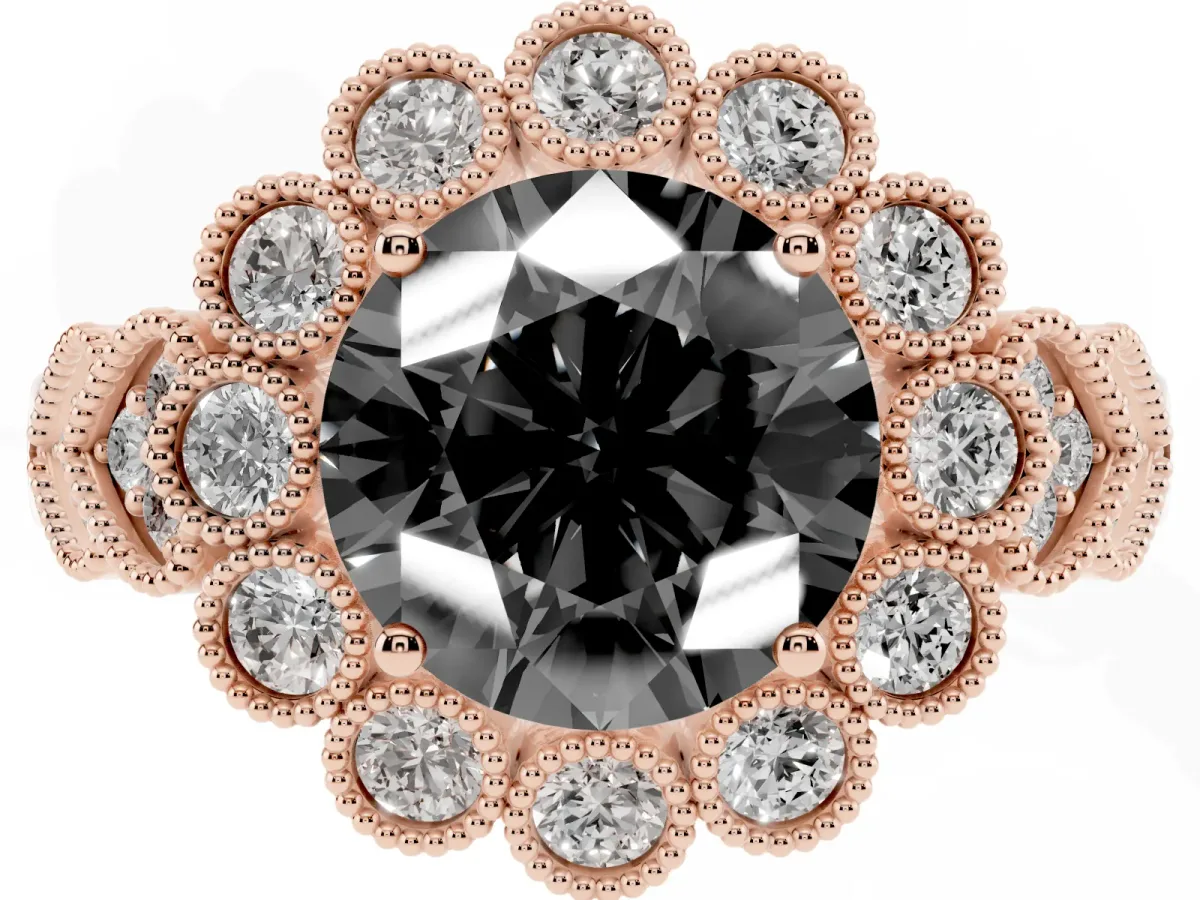 Fancy Black Round Cut Brilliant Milgrain Pave Heart Band Solitaire Ring Rose gold