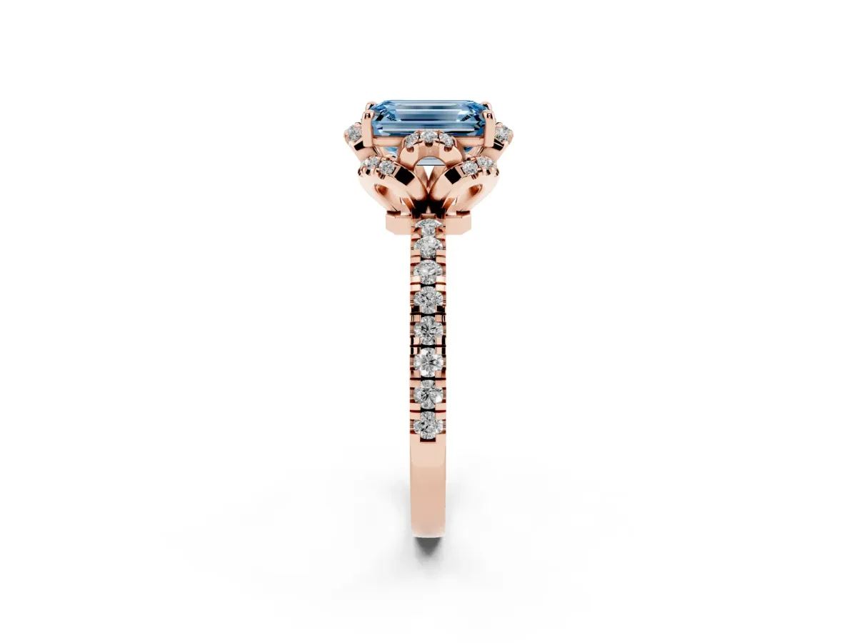 Fancy Blue Emerald Cut Halo Diamond Pave Band Ring with Four-Prong Setting Rose gold