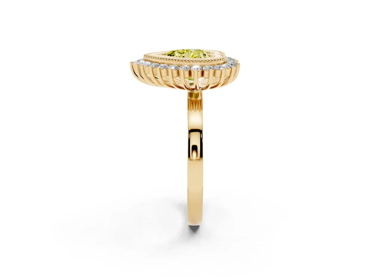Fancy Yellow Heart Cut Halo Diamond Ring with Milgrain Edge and Round Prong Setting Yellow gold