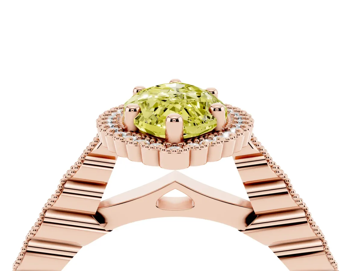 Fancy Yellow Marquise Cut Cut Halo Pavé Solitaire Ring with Milgrain Band Rose gold