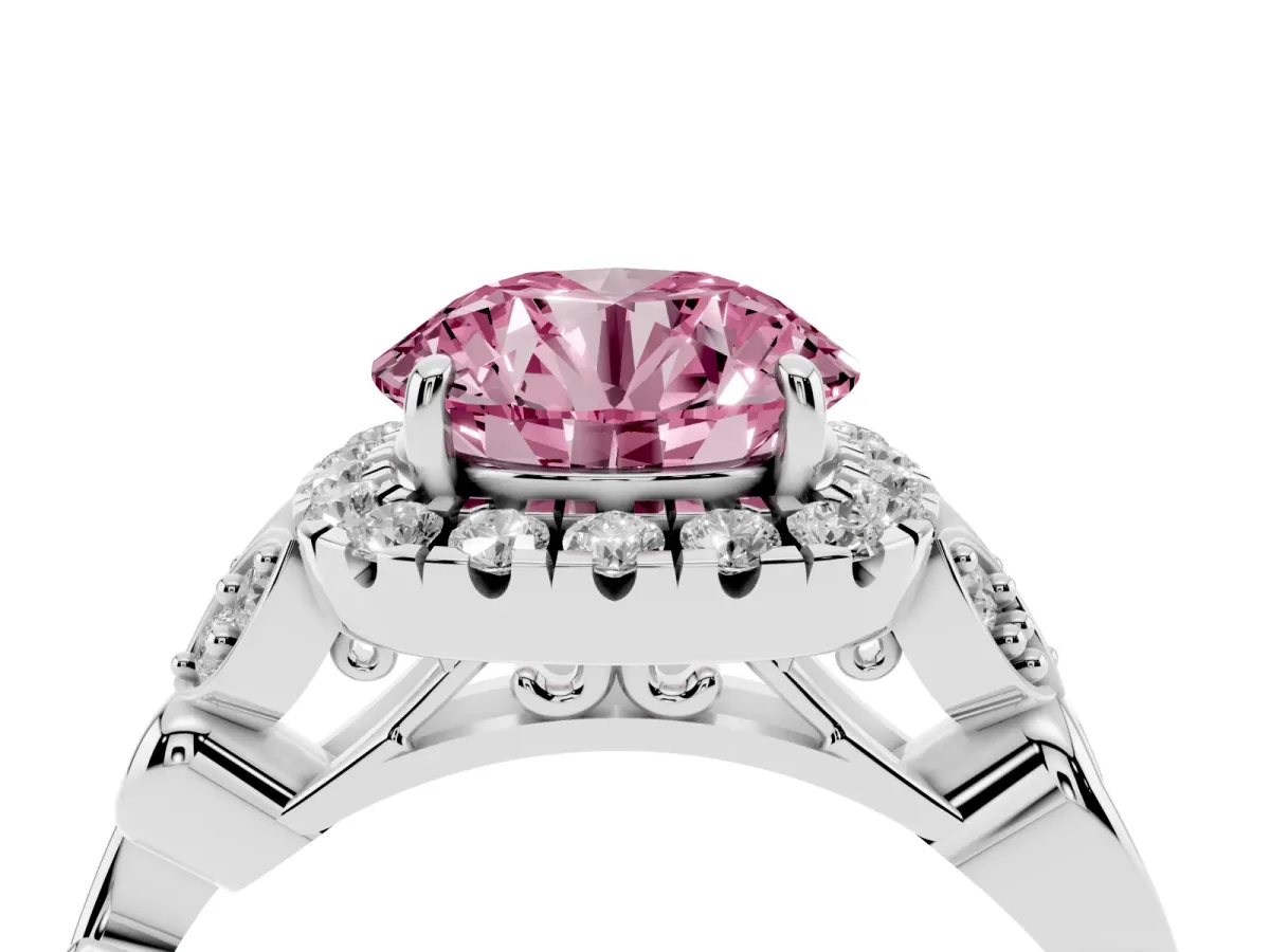 Fancy Pink Round Cut Halo Diamond Engagement Ring with Vintage-Inspired Band and Four-Prong Setting Silver