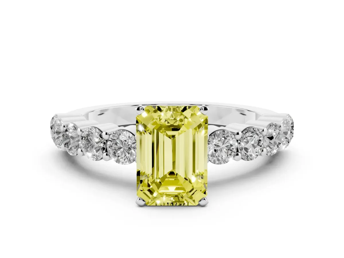 Fancy Yellow Emerald Cut Diamond Solitaire Ring with Shared Prong Round Side Stones Platinum