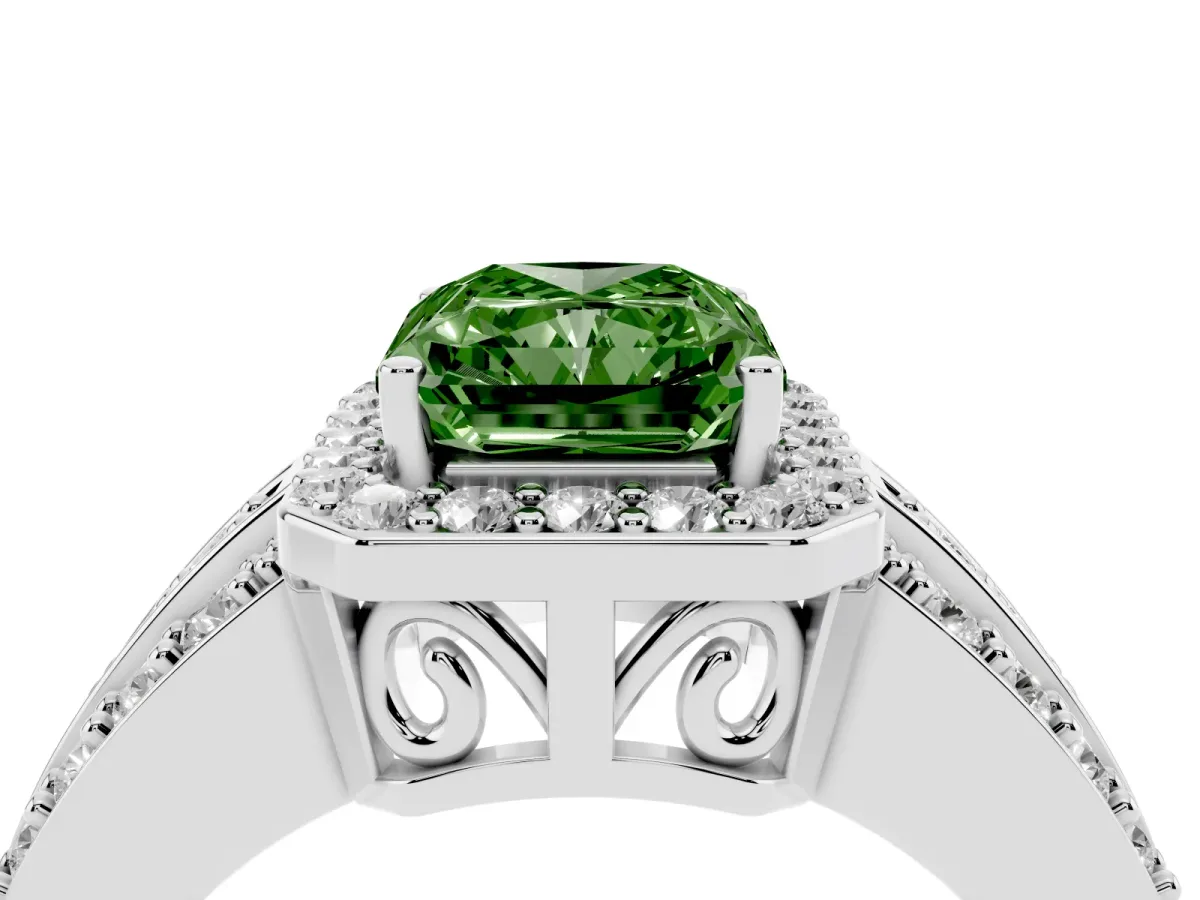 Fancy Green Radiant Cut Halo Diamond Ring with Round Split Shank and Prong Setting Platinum