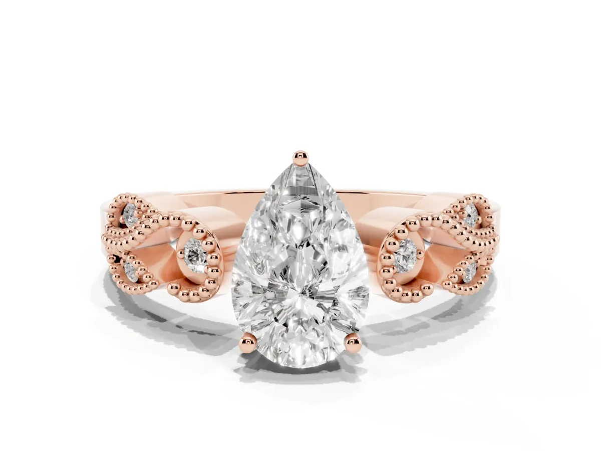Pear Cut Solitaire Milgrain Leaf Band with Prong Setting Rose gold