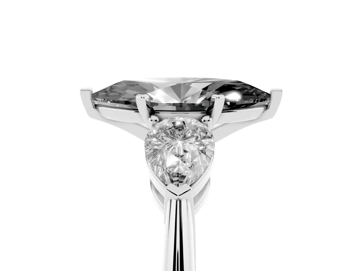 Fancy Black Three-Stone Marquise Cut Diamond Ring with Pear Side Stones and Four-Prong Setting Silver