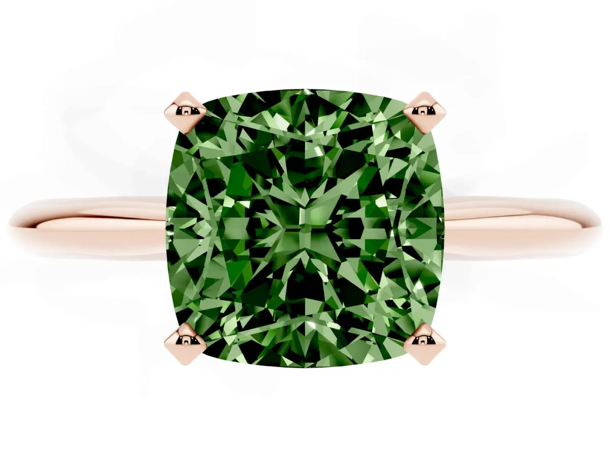 Fancy Green Cushion Cut Cut Solitaire Ring with Four-Prong Setting on a Classic Band Rose gold
