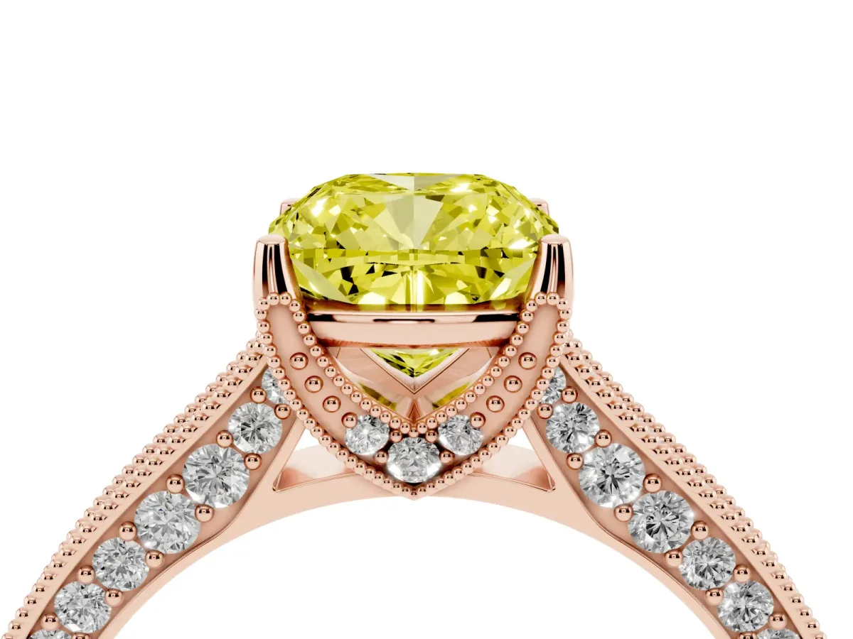 Fancy Yellow Cushion Cut Cut Diamond Solitaire Ring with Milgrain Pave Band and Four Prong Setting Rose gold