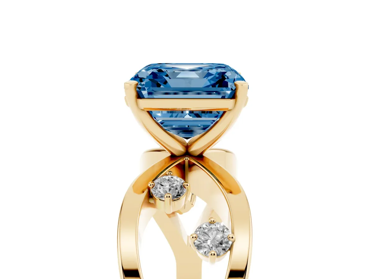 Fancy Blue Asscher Cut Cut Solitaire Diamond with Side Stones on Criss-Cross Band and Four-Prong Setting Yellow gold