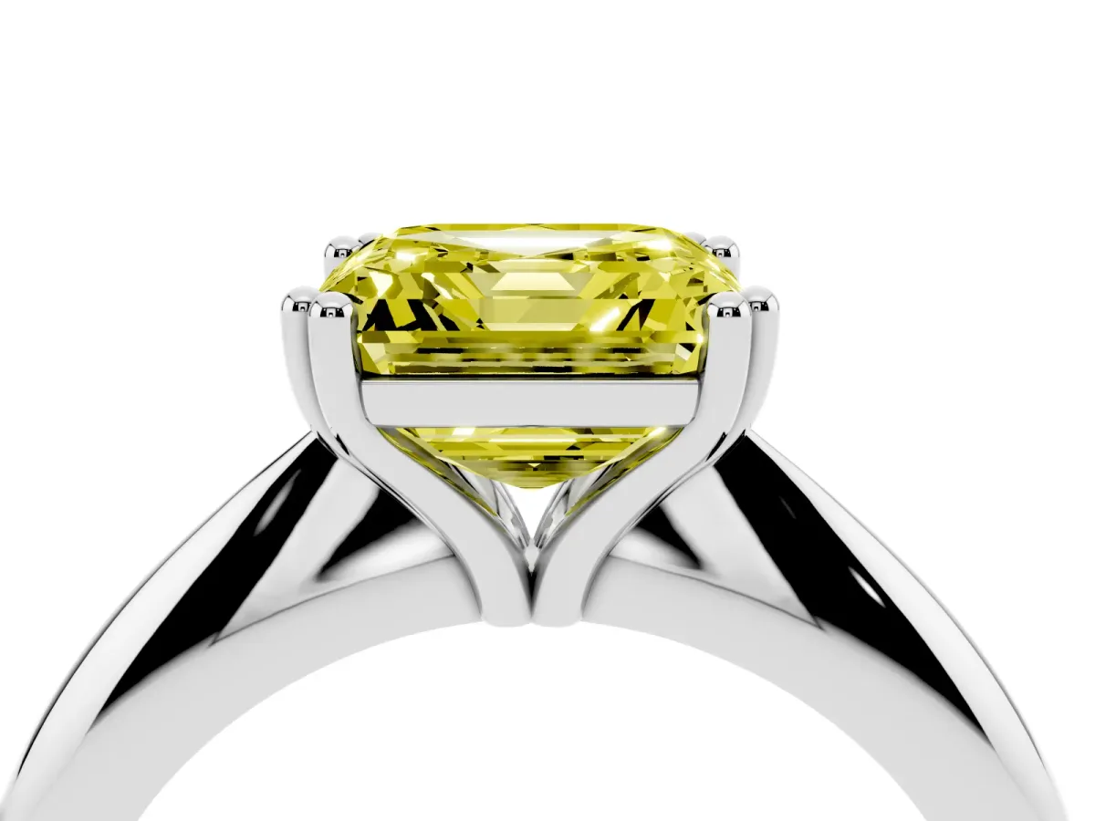 Fancy Yellow Asscher Cut Cut Solitaire Engagement Ring with Tapered Band and Four-Prong Setting Platinum