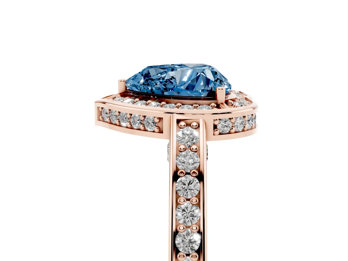 Fancy Blue Heart Cut Cut Halo Pave Split Shank Prong Setting Ring Rose gold