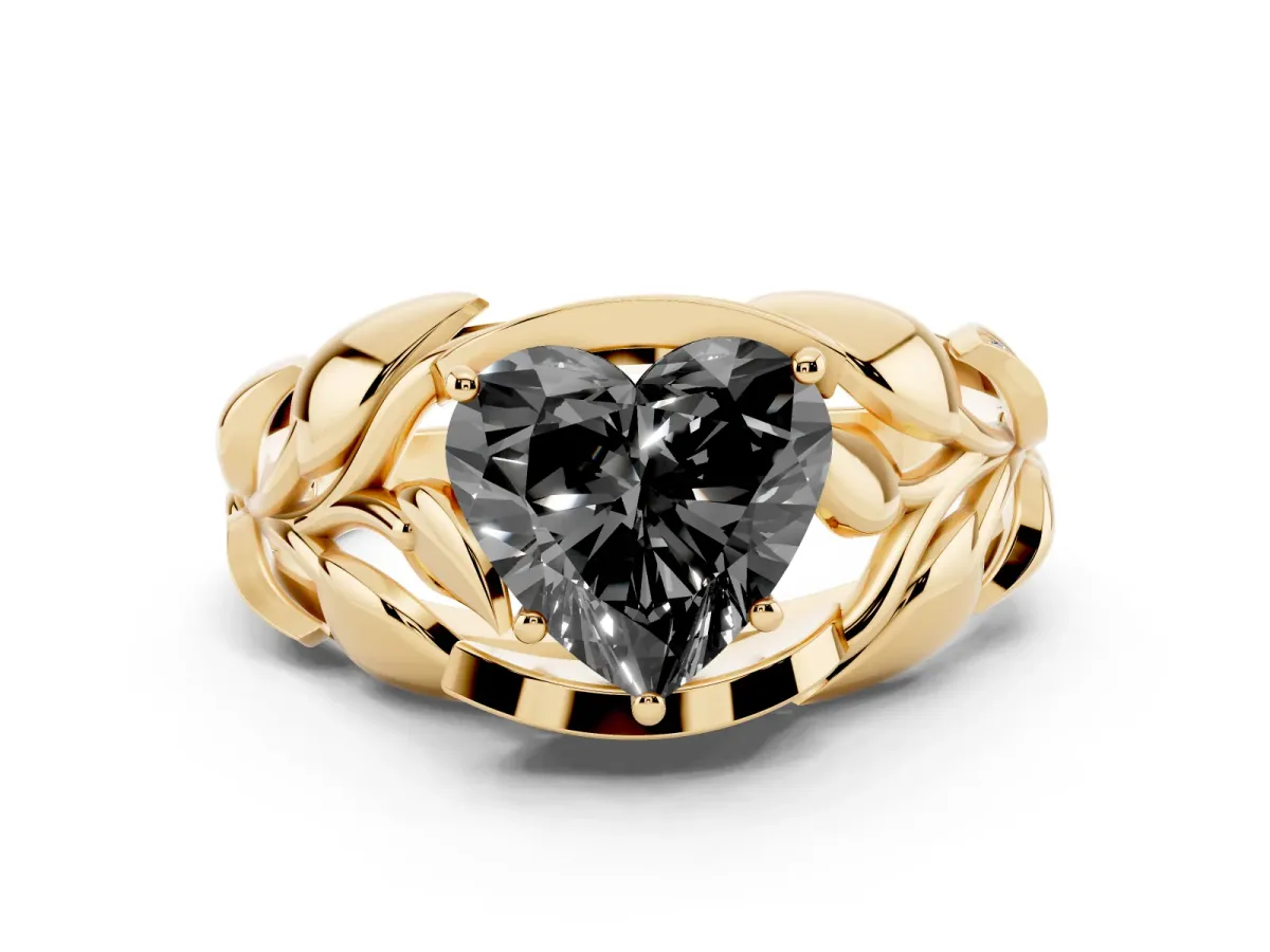 Fancy Black Heart Cut Diamond Leaf-Inspired Engagement Ring with Round Accents and Prong Setting Yellow gold