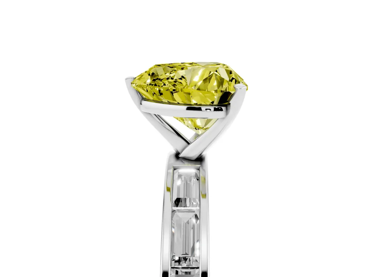 Fancy Yellow Heart Cut Solitaire Diamond Ring with Channel-Set Baguette Band and Four-Prong Setting Silver