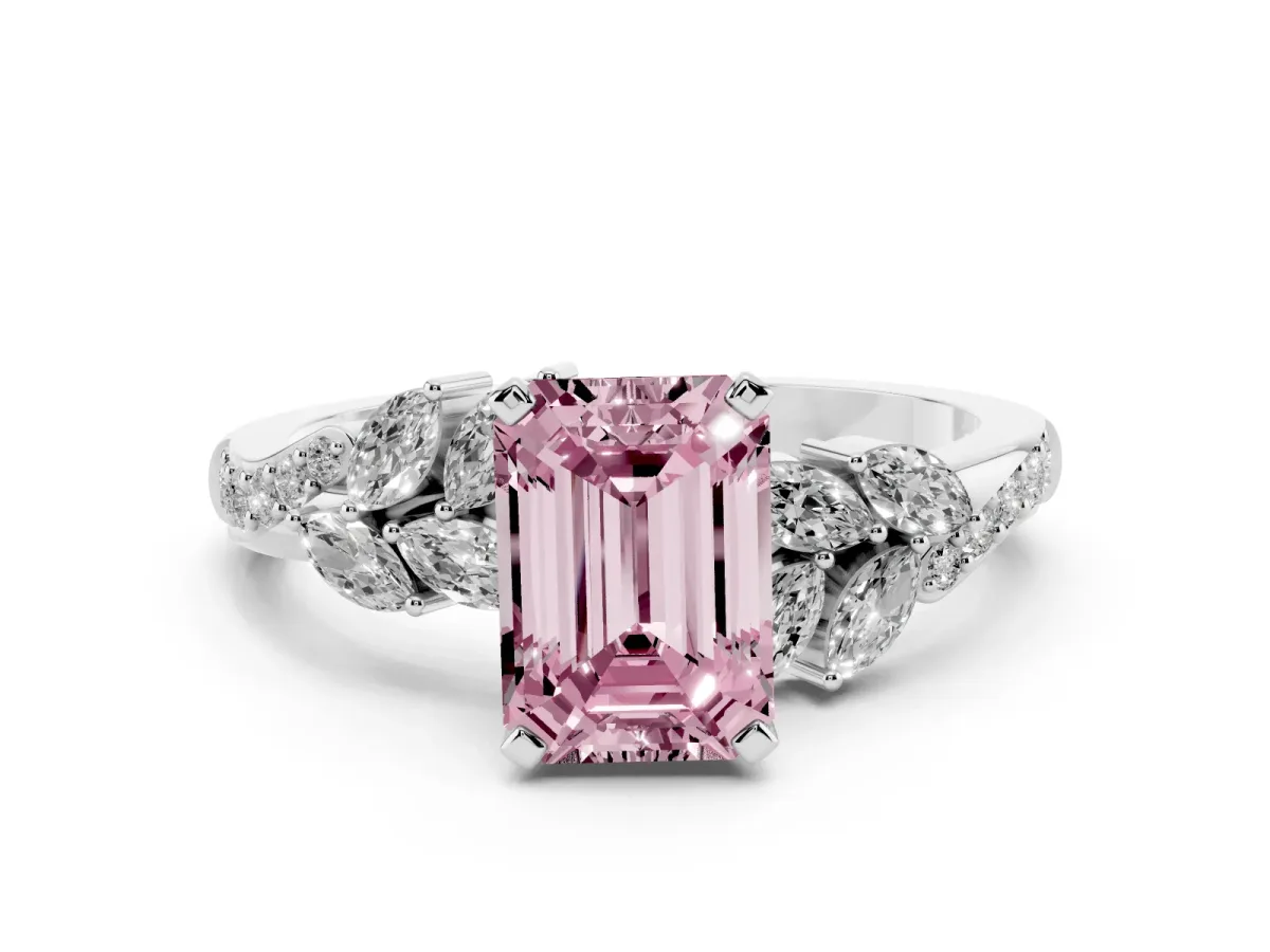 Fancy Pink Emerald Cut Solitaire Marquise Twist Band with Six-Prong Setting Silver