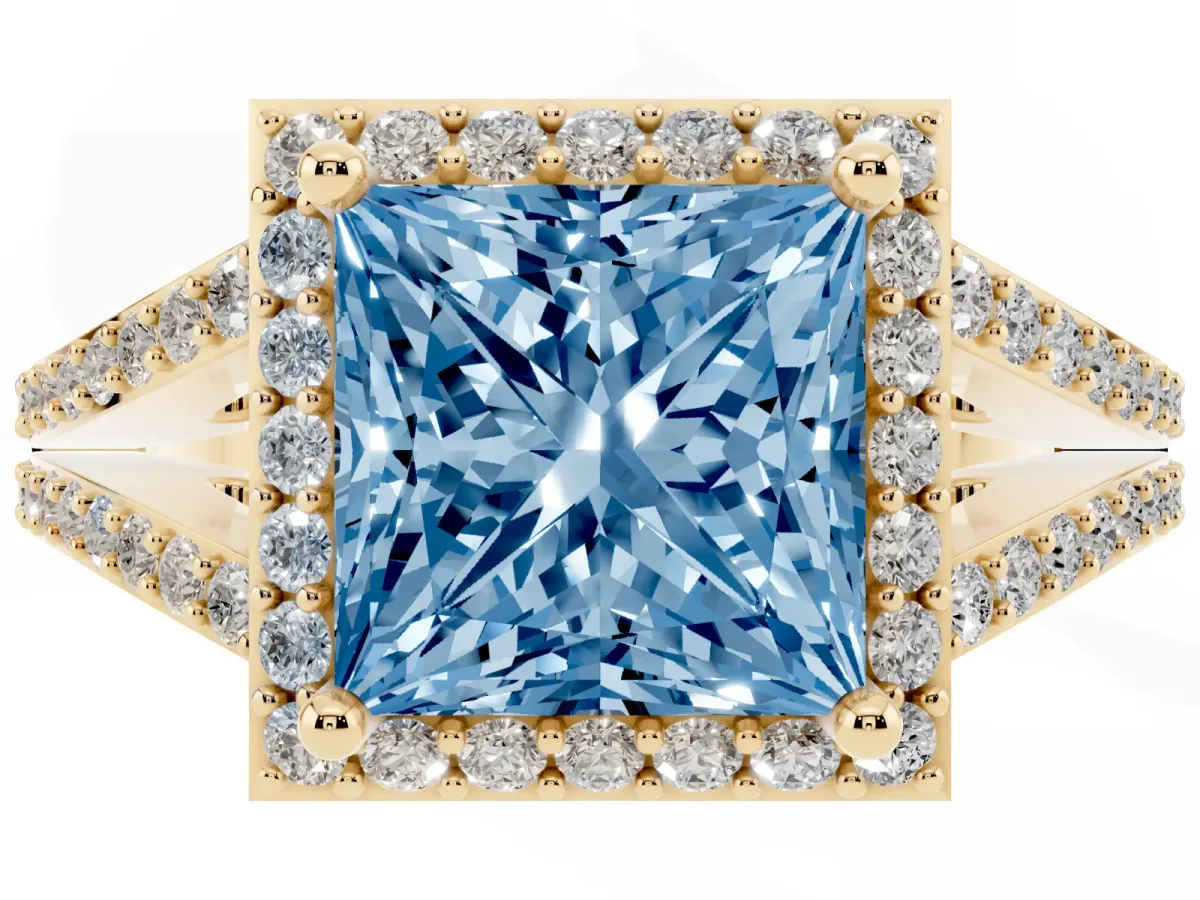 Fancy Blue Princess Cut Halo Split Shank Pave Diamond Ring with Four-Prong Setting Yellow gold