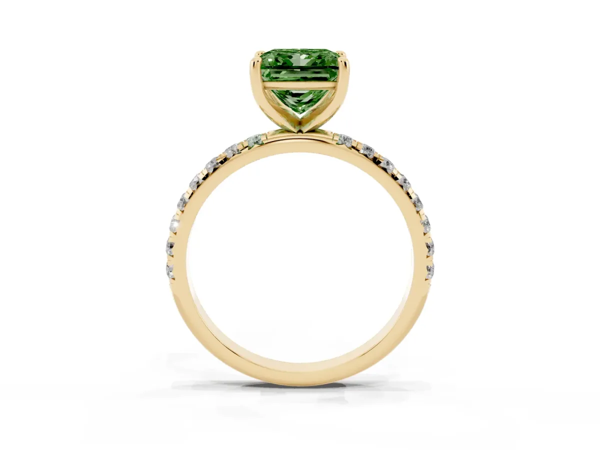 Fancy Green Princess Cut Cut Diamond Solitaire Ring with Micro Pave Band and Four Prong Setting Yellow gold