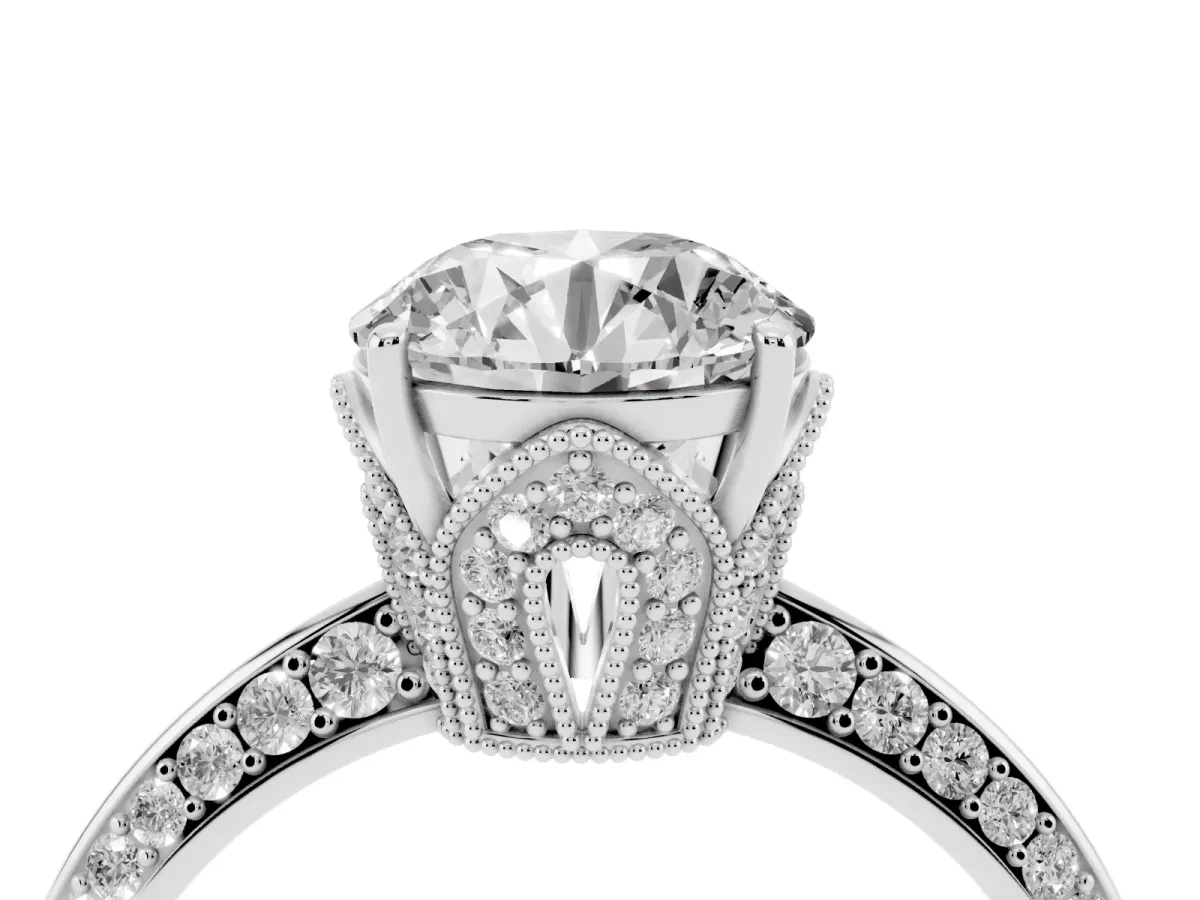 Round Cut Solitaire Split Shank Pave Diamond Engagement Ring with Four-Prong Setting Silver