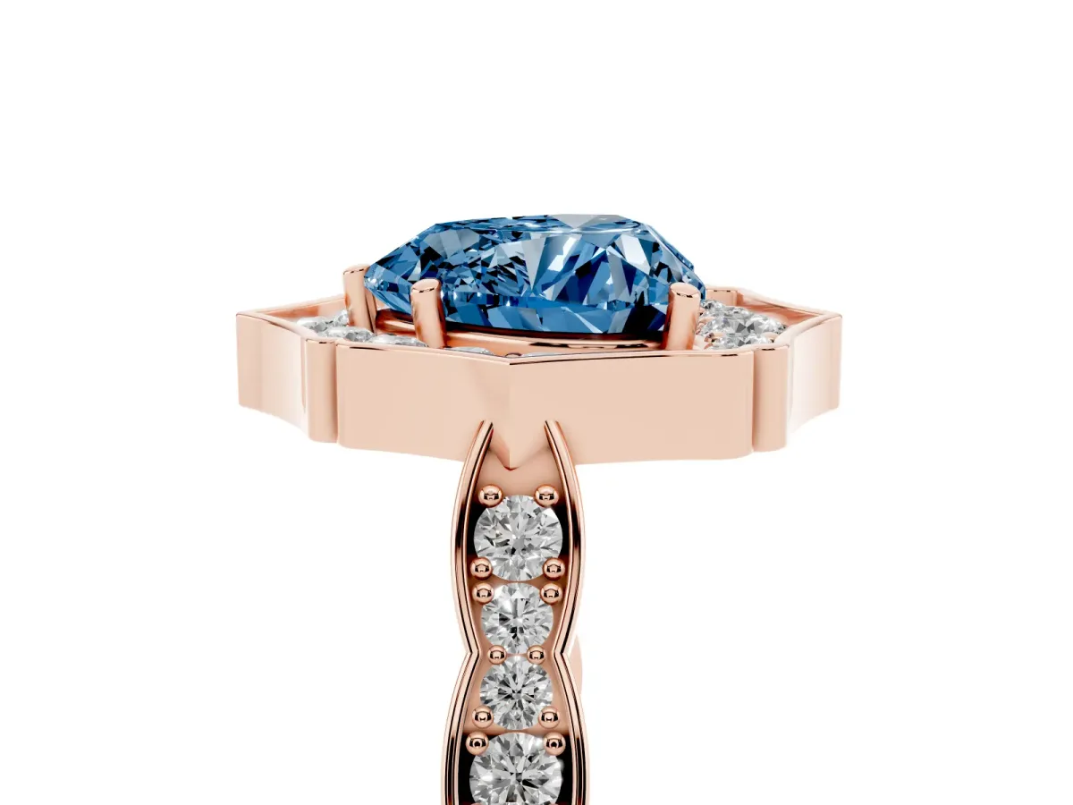 Fancy Blue Heart Cut Halo Diamond Engagement Ring with Milgrain Band and Four-Prong Setting Rose gold