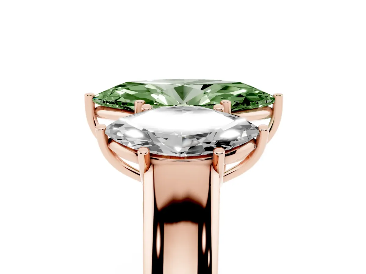 Fancy Green Three-Stone Marquise Cut Cut Diamond Ring with Prong Setting and Classic Band Rose gold