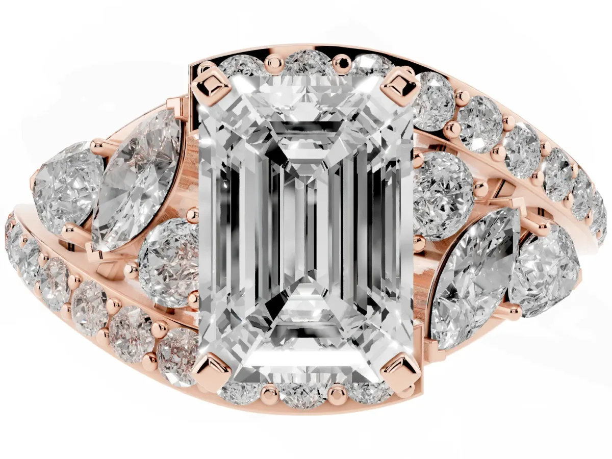 Emerald Cut Diamond Halo Ring with Marquise and Pavé Band in Prong Setting Rose gold