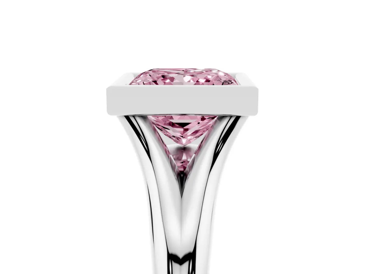 Fancy Pink Bezel Set Princess Cut Solitaire Diamond Ring with Smooth Band Platinum