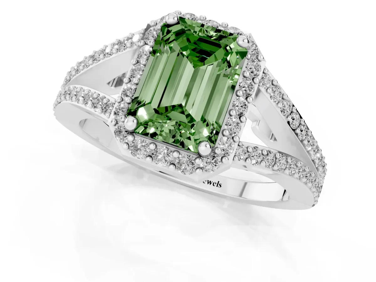 Fancy Green Emerald Cut Halo Split Shank Diamond Ring with Prong Setting Platinum