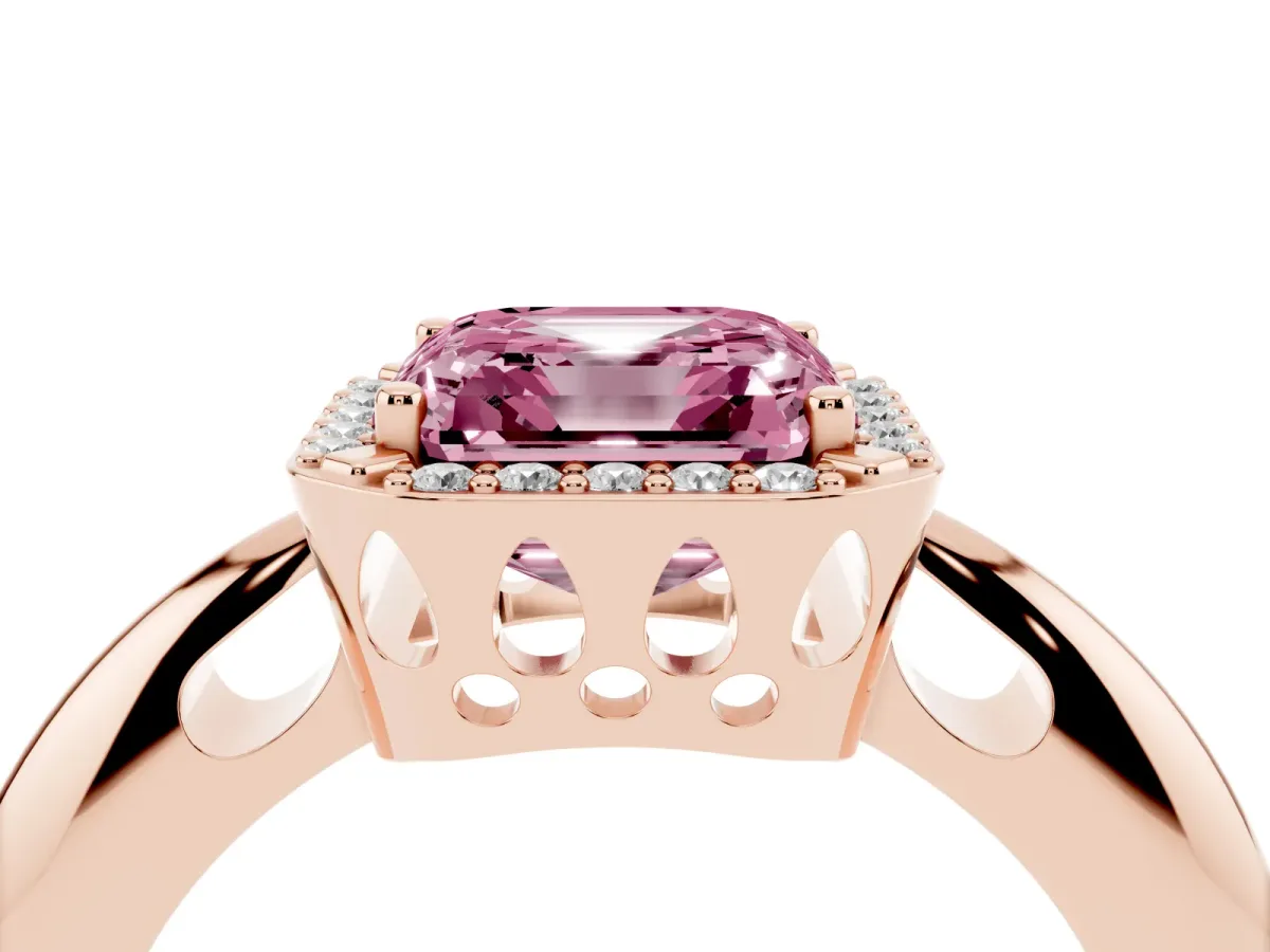 Fancy Pink Asscher Cut Cut Diamond Halo Engagement Ring with Split Shank and Four-Prong Setting Rose gold