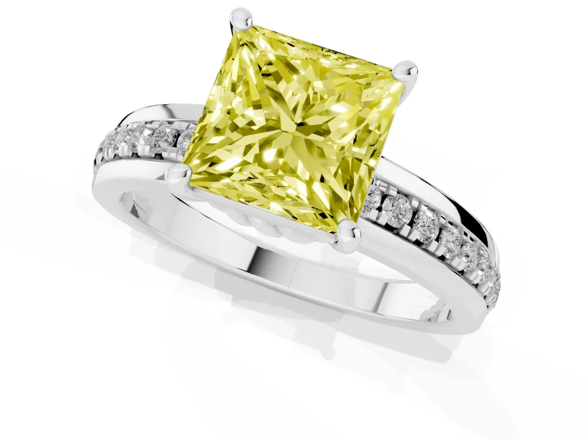 Fancy Yellow Princess Cut Solitaire Diamond Ring with Channel Set Band and Six-Prong Setting Platinum